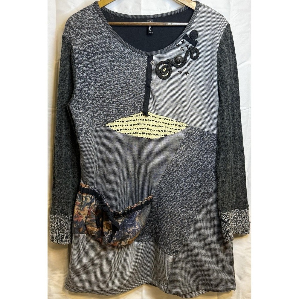 Vintage Patchwork Tunic Top Women's L Boho Artsy Pocket Art Knit Long